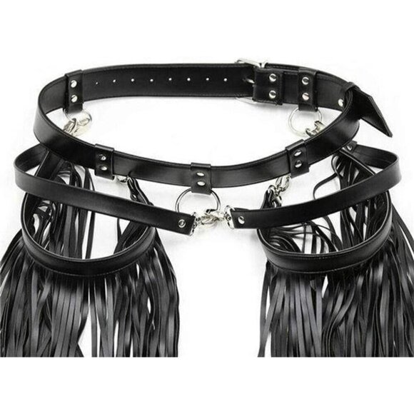 ?Women Black Sexy Leather Waist Belt Tassel Punk Harness Metal Body Cage main image 3